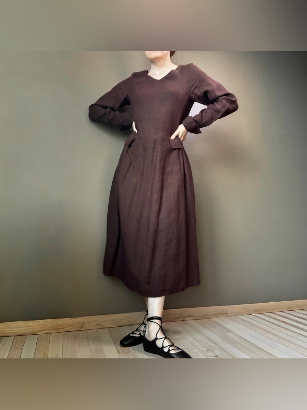 Washed Chocolate Color linen dress - Picture 3 of 9